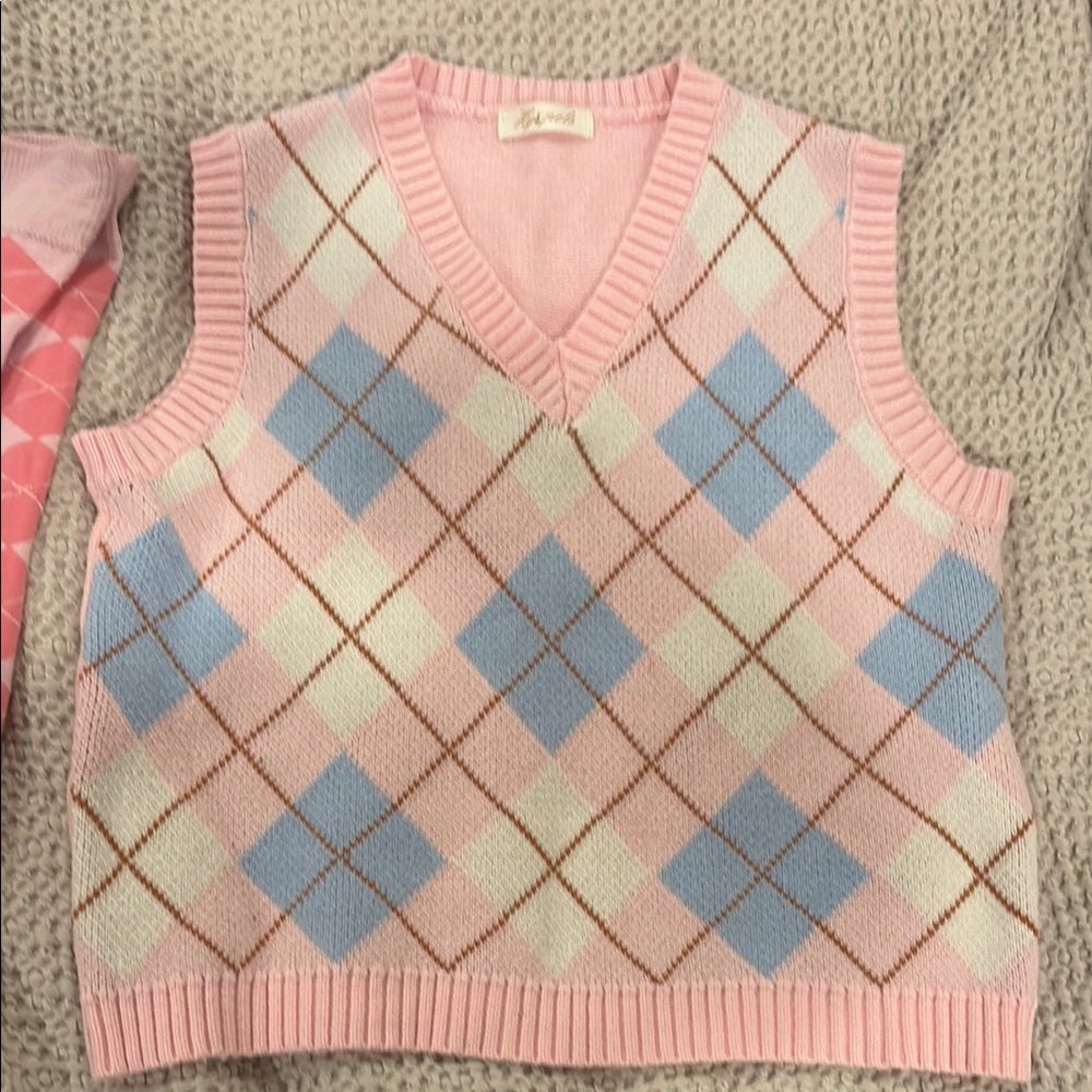 Classic Pink and Blue V-Neck Argyle crop Sweater & Socks